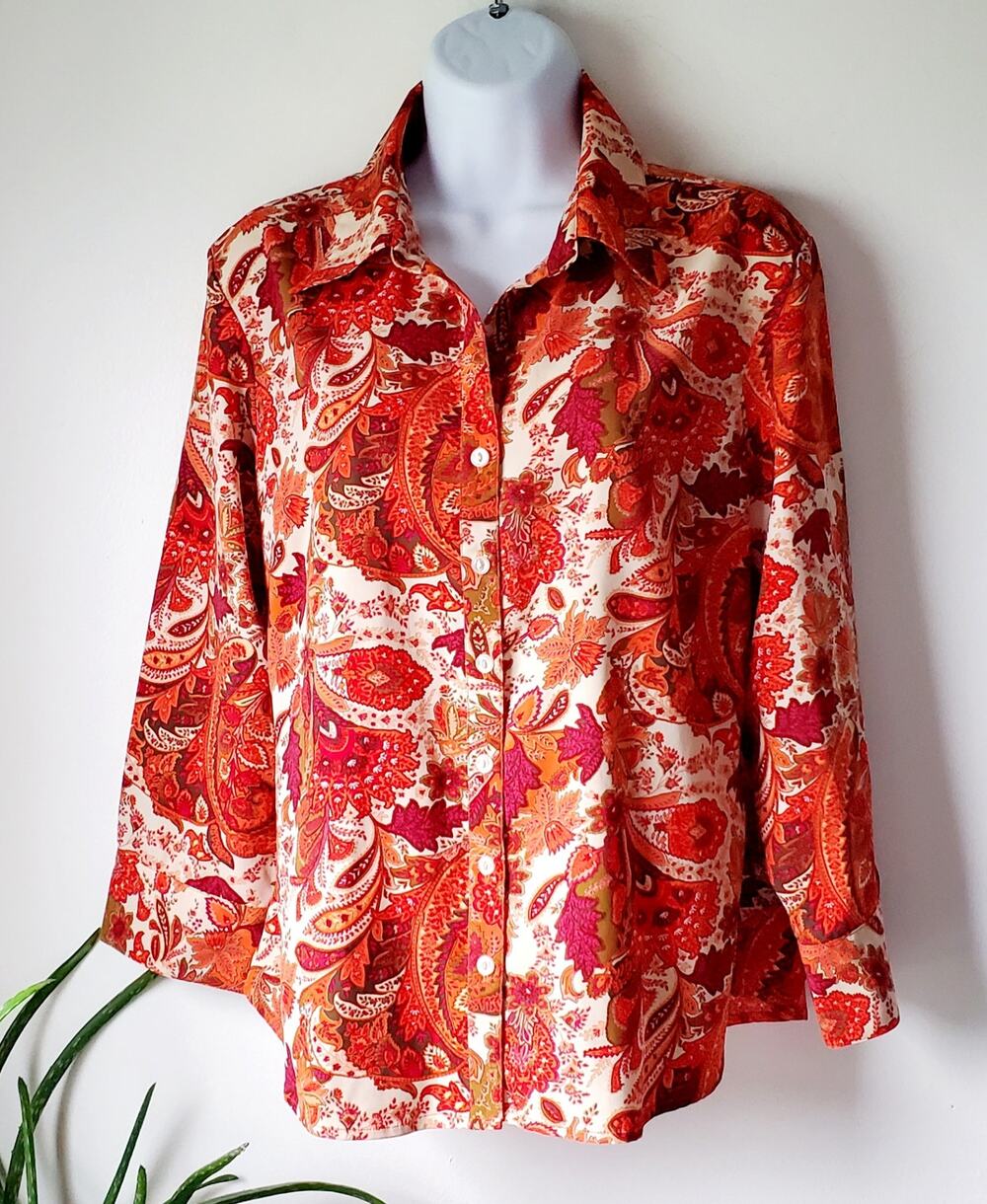 Ninety Womens Orange Paisley Long Sleeve Button Down Shirt Size M Fall Boho Fun